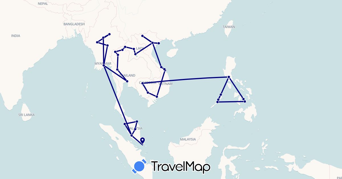 TravelMap itinerary: driving in Cambodia, Laos, Myanmar (Burma), Malaysia, Philippines, Singapore, Thailand, Vietnam (Asia)